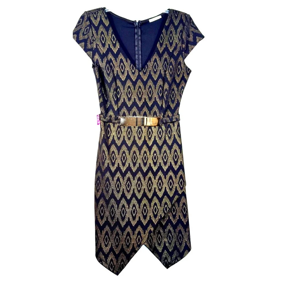Gold & Black Geometric Metallic Dress with Belt - Size L Made USA Y2K NWT